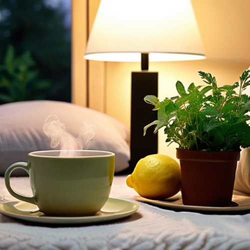 **

A cozy bedroom scene at dusk. Soft, diffused light illuminates a bedside table with a steaming mug of herbal tea (melissa/lemon balm). A sprig of fresh lemon balm sits next to the mug. In the background, a slightly blurred view of a comfortable bed with fluffy pillows suggests peaceful sleep. Focus is on the tea and lemon balm, emphasizing their calming properties.

**