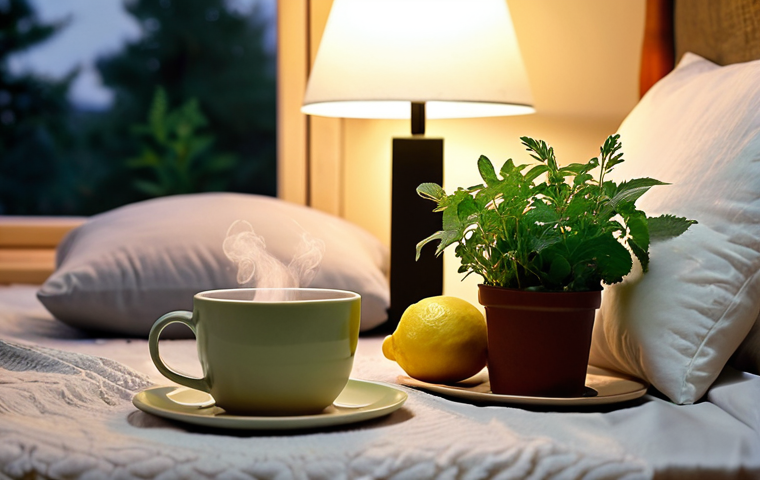 **

A cozy bedroom scene at dusk. Soft, diffused light illuminates a bedside table with a steaming mug of herbal tea (melissa/lemon balm). A sprig of fresh lemon balm sits next to the mug. In the background, a slightly blurred view of a comfortable bed with fluffy pillows suggests peaceful sleep. Focus is on the tea and lemon balm, emphasizing their calming properties.

**