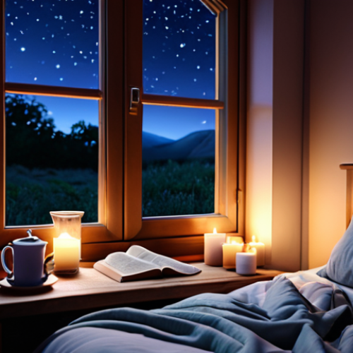 **Cozy Bedroom at Night:** Soft lighting, comfortable bed with pillows, open window showing a peaceful night sky. Perhaps a bedside table with a cup of herbal tea and a book. Focus on creating a sense of calm and relaxation.