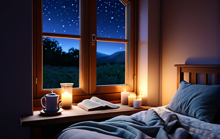 **Cozy Bedroom at Night:** Soft lighting, comfortable bed with pillows, open window showing a peaceful night sky. Perhaps a bedside table with a cup of herbal tea and a book. Focus on creating a sense of calm and relaxation.