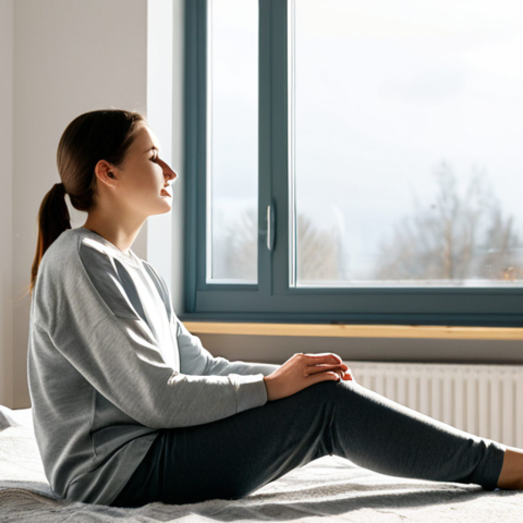 A well-rested individual, fully clothed in comfortable, modest loungewear, waking up calmly in a bright, minimalist bedroom filled with gentle morning sunlight. The person sits up, stretching slightly, with a serene and refreshed expression, indicating deep, restorative sleep. The room features a window looking out onto a subtle, soft grey Polish winter sky, emphasizing the indoor warmth and light. Perfect anatomy, correct proportions, natural pose, well-formed hands, proper finger count, natural body proportions. Professional photography, high resolution, soft focus, natural lighting, safe for work, appropriate content, fully clothed, modest clothing.
