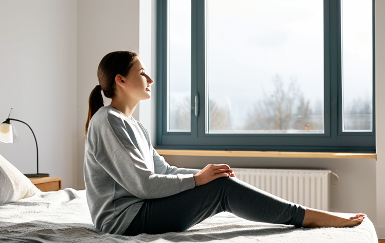 A well-rested individual, fully clothed in comfortable, modest loungewear, waking up calmly in a bright, minimalist bedroom filled with gentle morning sunlight. The person sits up, stretching slightly, with a serene and refreshed expression, indicating deep, restorative sleep. The room features a window looking out onto a subtle, soft grey Polish winter sky, emphasizing the indoor warmth and light. Perfect anatomy, correct proportions, natural pose, well-formed hands, proper finger count, natural body proportions. Professional photography, high resolution, soft focus, natural lighting, safe for work, appropriate content, fully clothed, modest clothing.