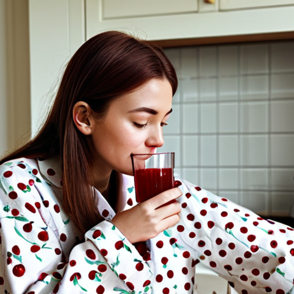 수면 개선을 위한 신선한 과일 조합 - Cherries for Sleep**
A woman in modest pajamas enjoys a glass of cherry juice in a cozy kitchen. So...