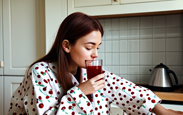 수면 개선을 위한 신선한 과일 조합 - Cherries for Sleep**
A woman in modest pajamas enjoys a glass of cherry juice in a cozy kitchen. So...