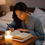 Home 17 수면과 스트레스의 관계 - **A Serene Evening Wind-Down Ritual:**
An atmospheric image of a cozy, softly lit bedroom at dus...