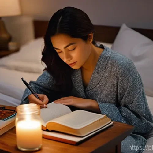 Home 29 수면과 스트레스의 관계 - **A Serene Evening Wind-Down Ritual:**
An atmospheric image of a cozy, softly lit bedroom at dus...