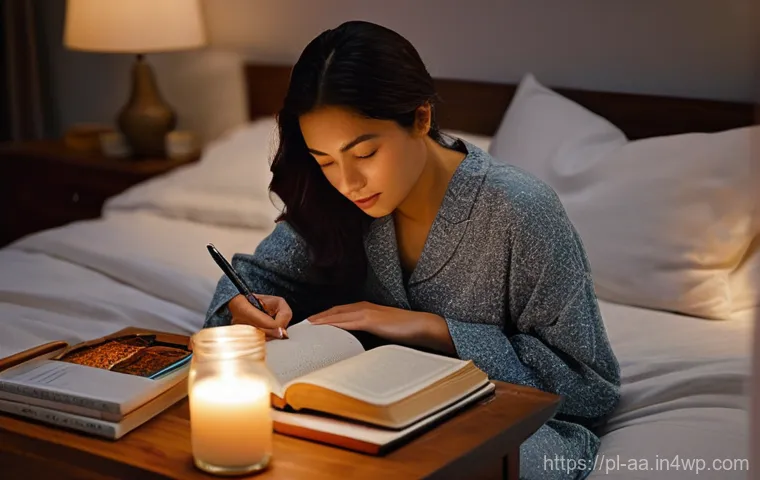 수면과 스트레스의 관계 - **A Serene Evening Wind-Down Ritual:**
An atmospheric image of a cozy, softly lit bedroom at dus...