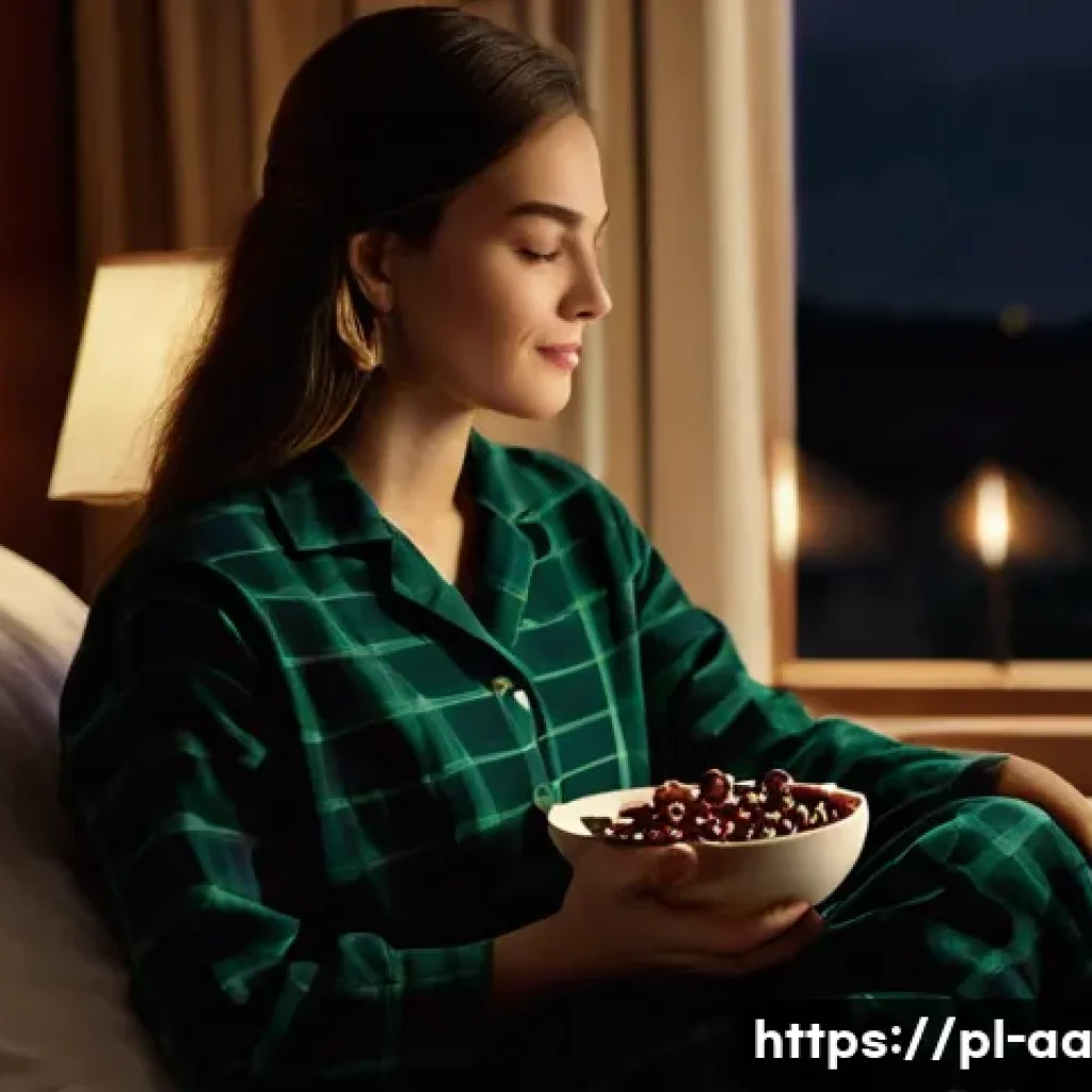 효과적인 수면을 위한 식품 추천 - **Prompt:** A cozy and serene bedroom scene at dusk. A young woman, dressed in comfortable, modest f...
