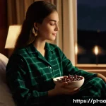 Home 14 효과적인 수면을 위한 식품 추천 - **Prompt:** A cozy and serene bedroom scene at dusk. A young woman, dressed in comfortable, modest f...