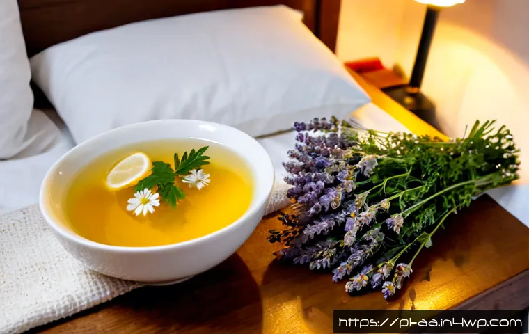 Home 17 수면을 도와주는 허브 차 종류 - Photorealistic evening still life of calming herbal teas popular in Poland: steaming chamomile infus...